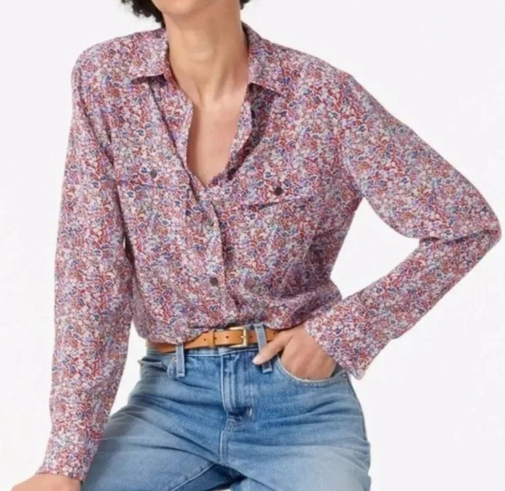 J. Crew Blythe Silk Floral Button Front Blouse Size 4 Red Blue Classic Fit NWT
